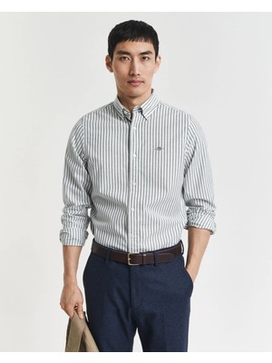 Gant Men's Green Slim Fit Button-Down Collar Striped Oxford Shirt