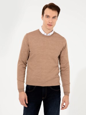 Cacharel Camel Slim Fit Crew Neck Basic Knit Sweater