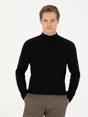 Cacharel Black Slim Fit Half Turtleneck Basic Knit Sweater
