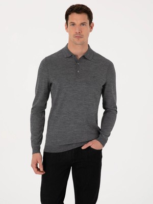 Cacharel Smoke Grey Regular Fit Wool Blend Polo Collar Basic Knit Sweater