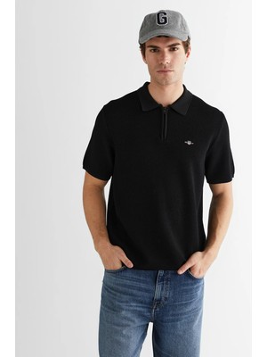 Gant Men's Black Zip Polo Collar Short Sleeve Knitwear