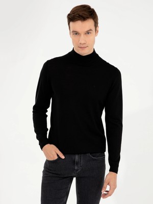 Cacharel Black Slim Fit Half Turtleneck Basic Knit Sweater