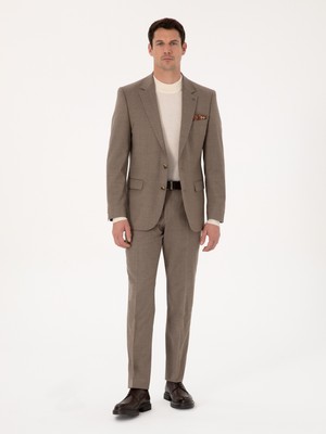 Cacharel Camel Slim Fit Wool Blend Micro Patterned Classic Trousers