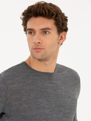 Cacharel Anthracite Melange Slim Fit Crew Neck Basic Knit Sweater