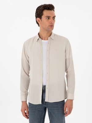 Cacharel Beige Regular Fit Hidden Button-Down Lyocell Shirt
