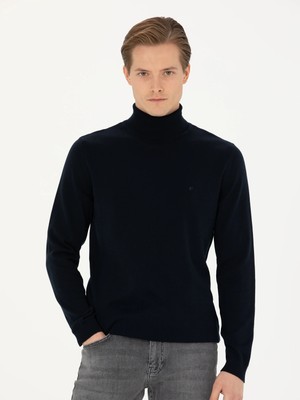Cacharel Navy Slim Fit Turtleneck Basic Knit Sweater
