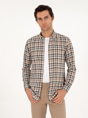 Cacharel Brown Slim Fit %100 Cotton Checked Shirt