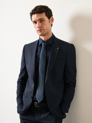 Cacharel Navy Slim Fit Cotton Semi-Spread Collar Basic Shirt