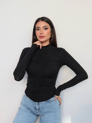 Esra Helvacı Önü Büzgülü Fermuarlı Bluz
