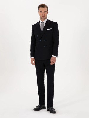 Cacharel Dark Navy Slim Fit Striped Double-Breasted Suit