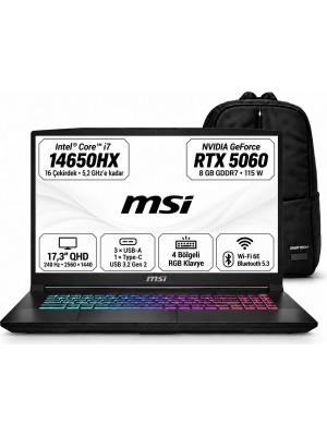MSI Msı Katana 17 Hx B14WFK-257XTR S2 Intel Core I7 14650HX  RTX5060 24GB 1tb SSD 17.3" Qhd 240Hz Windows 11 Pro Taşınabilir Bilgisayar + Snertech Çanta