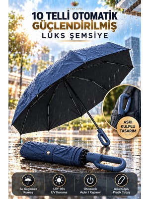 Lucky Love 10 Telli Güçlendirilmiş Lüks Otomatik Şemsiye Rüzgara Dayanıklı Su Geçirmez Uv Korumalı Askı Kulplu