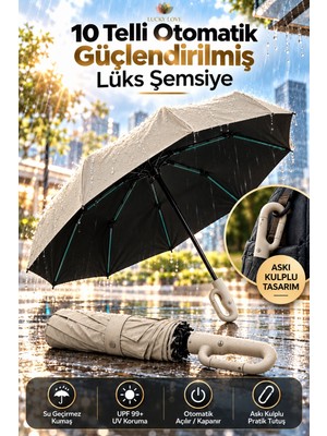 Lucky Love 10 Telli Güçlendirilmiş Lüks Otomatik Şemsiye Rüzgara Dayanıklı Su Geçirmez Uv Korumalı Askı Kulplu