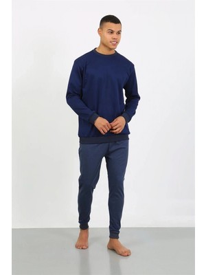 Pileli Store Erkek Uzun Kol Manşetli Paça Penye Pijama Takımı Lacivert