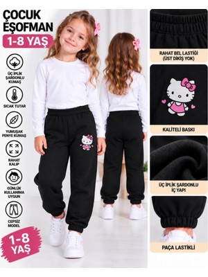 Kız Çocuk Siyah Hello Kitty Baskılı Üç Iplik Şardonlu Eşofman Altı