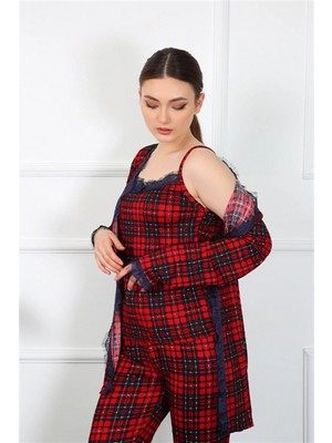 Pileli Store Kadın 3'lü Ekoseli Sabahlık Takım Kırmızı