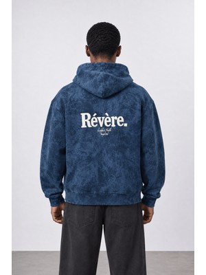 Respire Erkek Revere Nakışlı Yıkamalı Oversize Hoodie Lacivert