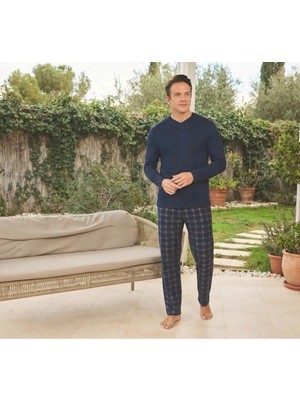 Pijamoni Erkek Penye Kumaş Düğmeli Yaka Lacivert Pijama Takımı