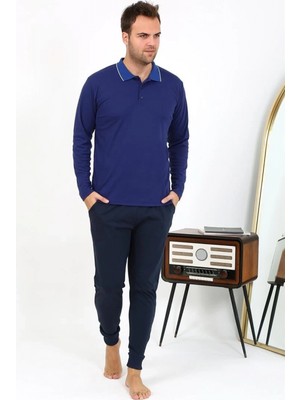 Pileli Store Erkek Polo Yaka Uzun Kol Penye Pijama Takımı Lacivert