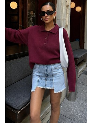 Madmext Bordo Düğmeli Polo Yaka Kadın Kazak MG2307