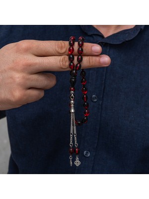 DMR Elegance Metal Püsküllü Bordo Siyah Sıkma Kehribar Tesbih