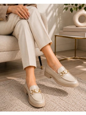 Zenora Shoes Kadın Loafer Makosen Casual Tokalı Günlük Bej Ayakkabı