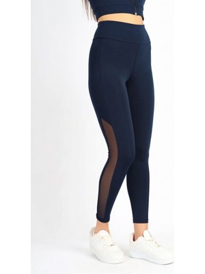 Soft & Basic Siyah Polyester Paçası Tül Detaylı Yüksek Bel Tayt
