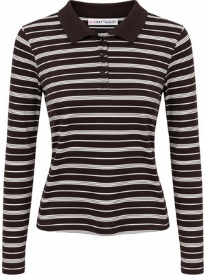 Mixray 2252 Kadın Çizgili Polo Yaka Uzun Kollu Slim Fit Bluz Kahve
