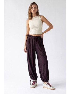 Mixray 4965 Kadın Beli Lastikli Bağcıklı Şalvar Pantolon Bordo