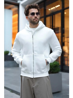 Madmext Ekru Şardonlu Kapüşonlu Erkek Sweat Hırka E7219