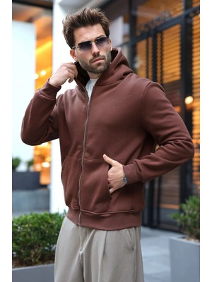 Madmext Acı Kahve Şardonlu Kapüşonlu Erkek Sweat Hırka E7219