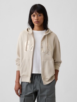 Gap Kadın Ekru Fleece Fermuarlı Sweatshirt Uzun Kollu Rahat Kesim Tasarım