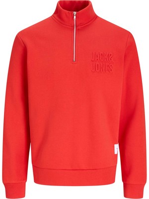Jack & Jones Dik Yaka Yarım Fermuarlı Logo Baskılı Kırmızı Erkek Sweatshirt 12299799