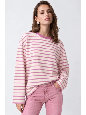 Mixray 2236 Çizgili Bisiklet Yaka Uzun Kol Oversize Sweatshirt Pembe
