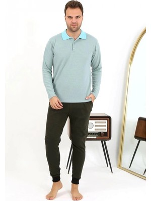 Pileli Store Erkek Polo Yaka Uzun Kol Penye Pijama Takımı Su Yeşili