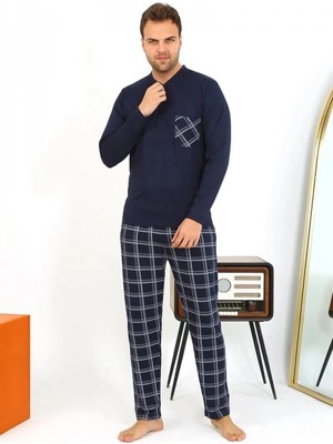 Pileli Store Erkek Uzun Kol Penye Lacivert Pijama Takımı