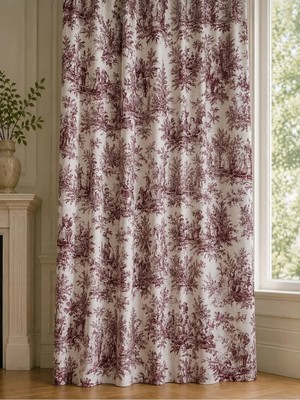 Luxoras Home Fransız Köylü Desenli Bordo Düz Fon Perde Kornişli Vintage Country Perde