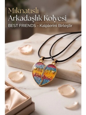 Bear & Pear 2'li Mıknatıslı Kolye Simli Kalp 2'li Arkadaşlık Dostluk Kolyesi