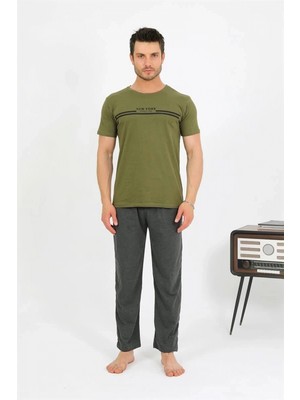 Pileli Store Erkek Pamuk Kısa Kol Pijama Takım Haki