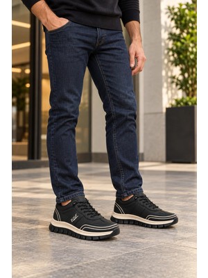 In Step Perra Erkek Siyah Deri Sneaker - Bej Kalın Tabanlı Günlük Spor Ayakkabı