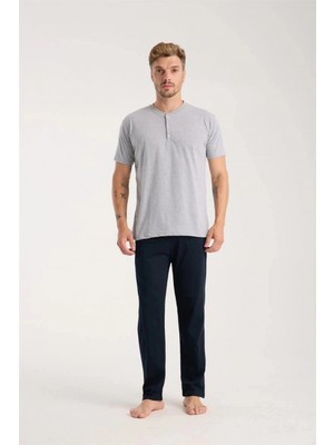 Pileli Store Erkek Gri Düğmeli Yaka Kısa Kol Pijama Takımı