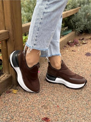 Labrona Kadın Kahverengi Yüksek Tabanlı Günlük Slip-On Ortopedik Tabanlı Yürüyüş Ayakkabısı Sneaker