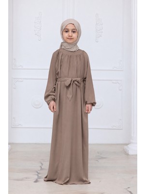 İhvan Online Reglan Kol Büzgülü Kız Çocuk Elbisesi - Vizon