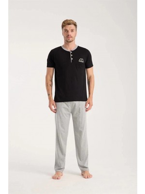 Pileli Store Erkek Siyah Düğmeli Yaka Kısa Kol Pijama Takımı