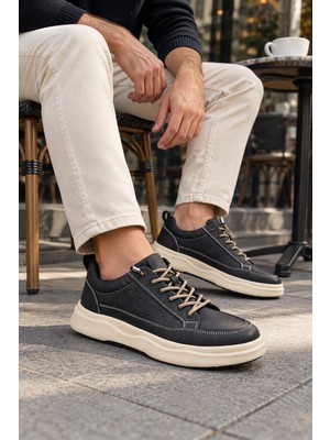 In Step Losta Erkek Siyah Deri Sneaker - Kalın Bej Tabanlı & Desen Detaylı Günlük Ayakkabı