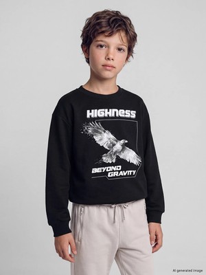 Lc Waikiki Yeni Sezon Siyah Baskılı Erkek Çocuk Kalın Sweatshirt