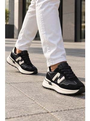 In Step Sandria Siyah Deri ve Süet Detaylı Kalın Tabanlı Erkek Sneakers Ayakkabı
