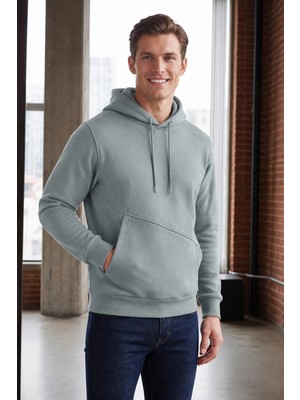 Veleno Erkek Gri 3 Iplik Şardonlu Yandan Cepli Kapüşonlu Sweatshirt Puf Yumuşak Kumaş