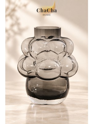 YNSK ChaCha Home Füme Cam Vazo Kabarcık Formlu Dekoratif Salon Konsol Vazosu 22 x 19 cm