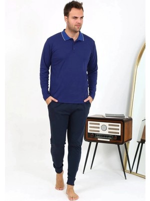 Pileli Store Erkek Polo Yaka Uzun Kol Penye Pijama Takımı Lacivert